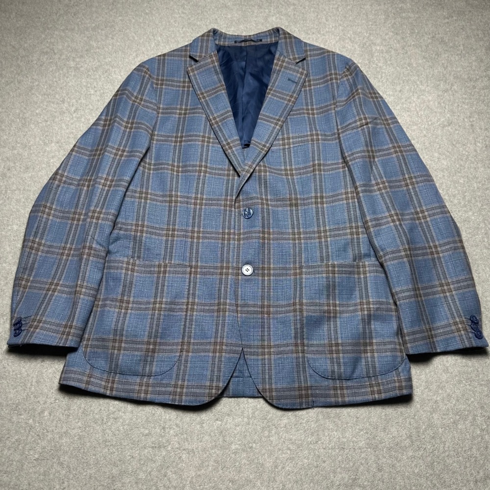 Spada‎ Roma Mens Blue Brown Plaid Linen Travel Superfine Blazer Jacket Size 54
